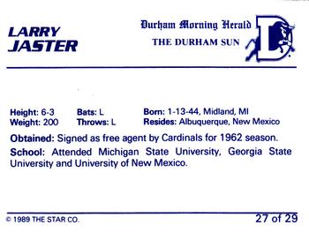 1989 Star Durham Bulls I #27 Larry Jaster Back