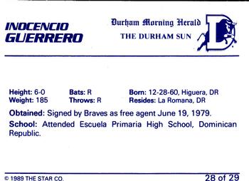 1989 Star Durham Bulls I #28 Inocencio Guerrero Back