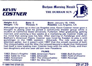 1989 Star Durham Bulls I #29 Kevin Costner Back
