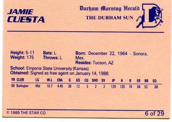 1989 Star Durham Bulls I #6 Jaime Cuesta Back