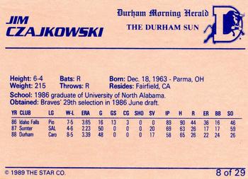1989 Star Durham Bulls I #8 Jim Czajkowski Back