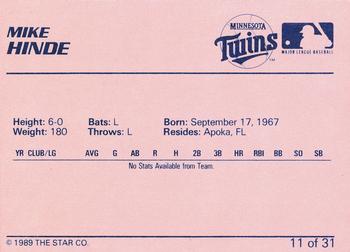 1989 Star Elizabethton Twins #11 Mike Hinde Back