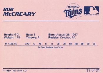 1989 Star Elizabethton Twins #17 Bob McCreary Back