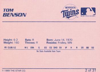 1989 Star Elizabethton Twins #2 Tom Benson Back