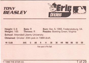 1989 Star Erie Orioles #1 Tony Beasley Back