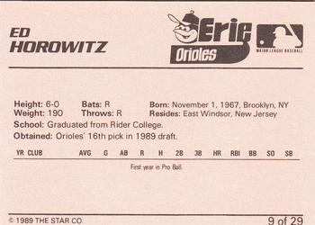 1989 Star Erie Orioles #9 Ed Horowitz Back