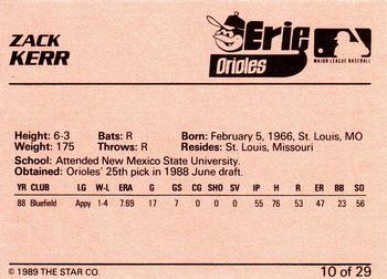 1989 Star Erie Orioles #10 Zack Kerr Back