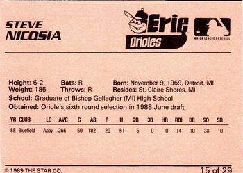 1989 Star Erie Orioles #15 Steve Nicosia Back