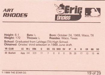 1989 Star Erie Orioles #19 Art Rhodes Back
