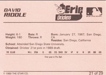 1989 Star Erie Orioles #21 David Riddle Back
