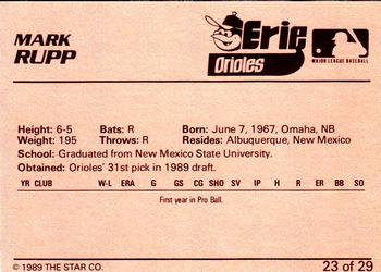 1989 Star Erie Orioles #23 Mark Rupp Back