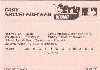 1989 Star Erie Orioles #24 Gary Shingledecker Back