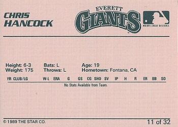 1989 Star Everett Giants #11 Chris Hancock Back