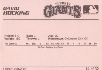 1989 Star Everett Giants #14 David Hocking Back