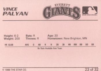 1989 Star Everett Giants #23 Vince Palyan Back