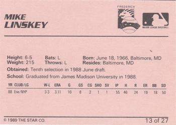 1989 Star Frederick Keys #13 Mike Linskey Back