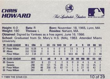 1989 Star Ft. Lauderdale Yankees #10 Chris Howard Back