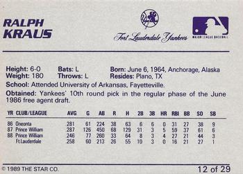1989 Star Ft. Lauderdale Yankees #12 Ralph Kraus Back