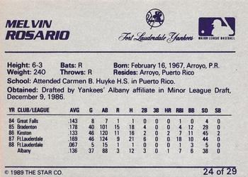 1989 Star Ft. Lauderdale Yankees #24 Melvin Rosario Back