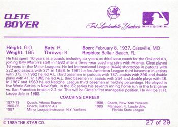 1989 Star Ft. Lauderdale Yankees #27 Clete Boyer Back