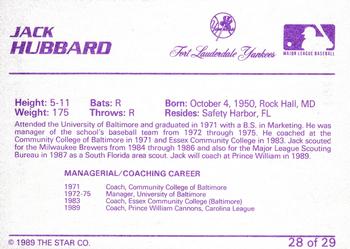 1989 Star Ft. Lauderdale Yankees #28 Jack Hubbard Back