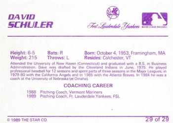 1989 Star Ft. Lauderdale Yankees #29 David Schuler Back