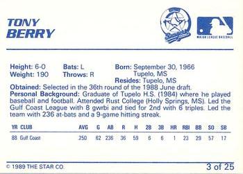 1989 Star Gastonia Rangers #3 Tony Berry Back