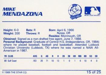 1989 Star Gastonia Rangers #15 Mike Mendazona Back