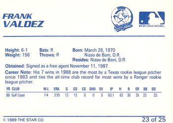 1989 Star Gastonia Rangers #23 Frank Valdez Back