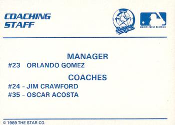 1989 Star Gastonia Rangers #NNO Coaching Staff (Orlando Gomez / Jim Crawford / Oscar Acosta) Back