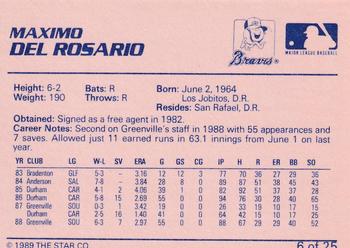 1989 Star Greenville Braves #6 Maximo Del Rosario Back