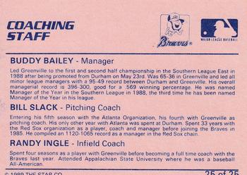 1989 Star Greenville Braves #25 Coaching Staff (Buddy Bailey / Bill Slack / Randy Ingle) Back
