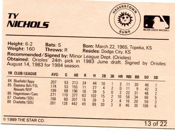 1989 Star Hagerstown Suns #13 Ty Nichols Back