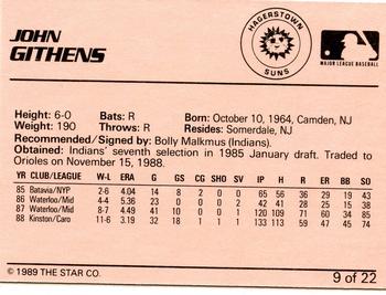 1989 Star Hagerstown Suns #9 John Githens Back