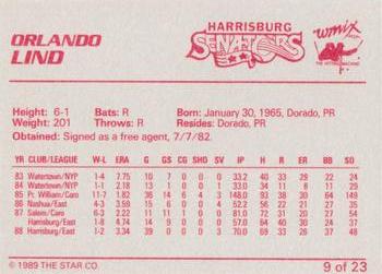1989 Star Harrisburg Senators #9 Orlando Lind Back