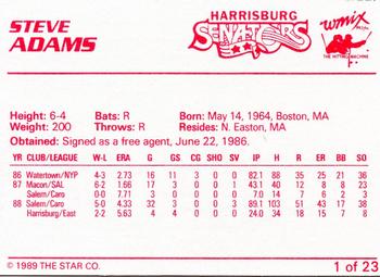 1989 Star Harrisburg Senators #1 Steve Adams Back