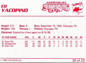 1989 Star Harrisburg Senators #20 Ed Yacopino Back