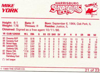 1989 Star Harrisburg Senators #21 Mike York Back