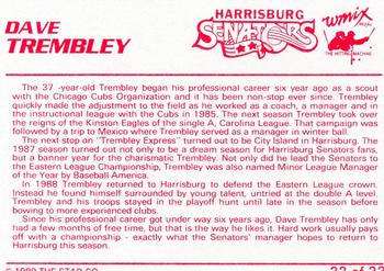 1989 Star Harrisburg Senators #22 Dave Trembley Back