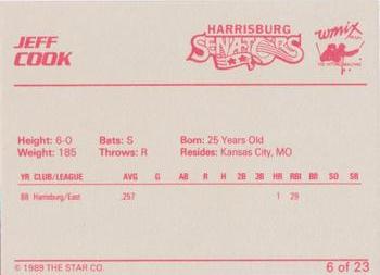 1989 Star Harrisburg Senators #6 Jeff Cook Back