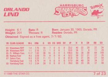 1989 Star Harrisburg Senators #7 Orlando Lind Back