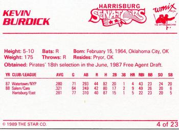 1989 Star Harrisburg Senators #4 Kevin Burdick Back