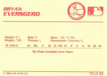 1989 Star Johnson City Cardinals #10 Bryan Eversgerd Back