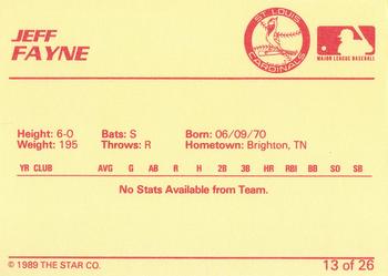 1989 Star Johnson City Cardinals #13 Jeff Fayne Back