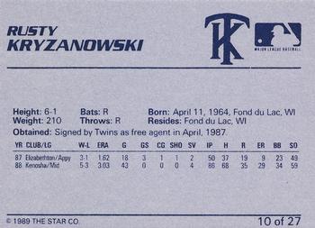 1989 Star Kenosha Twins #10 Rusty Kryzanowski Back