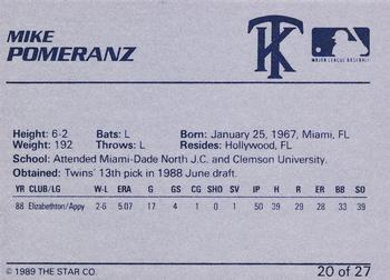 1989 Star Kenosha Twins #20 Mike Pomeranz Back