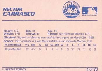 1989 Star Kingsport Mets #4 Hector Carrasco Back