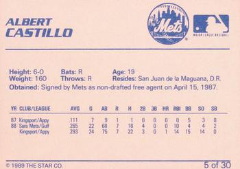 1989 Star Kingsport Mets #5 Albert Castillo Back