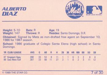 1989 Star Kingsport Mets #7 Alberto Diaz Back