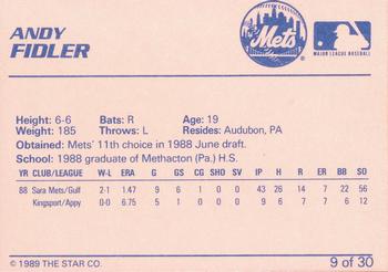 1989 Star Kingsport Mets #9 Andy Fidler Back